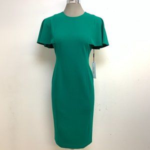NEW CALVIN KLEIN ELEGANT GREEN FLUTTER SLEEVE SHEATH DRESS